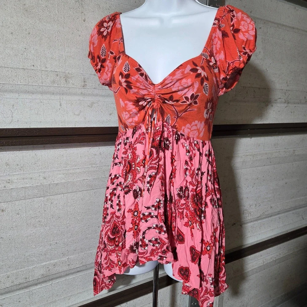 Free People Floral Babydoll Top Pink Orange Y2K Fairycore Handkerchief Hem Small